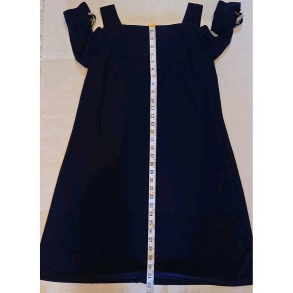 MSK Petite Rhinestone Strap Dress Navy Blue Large Open Sleeve Cold Shoulder 3/4 - Picture 7 of 10